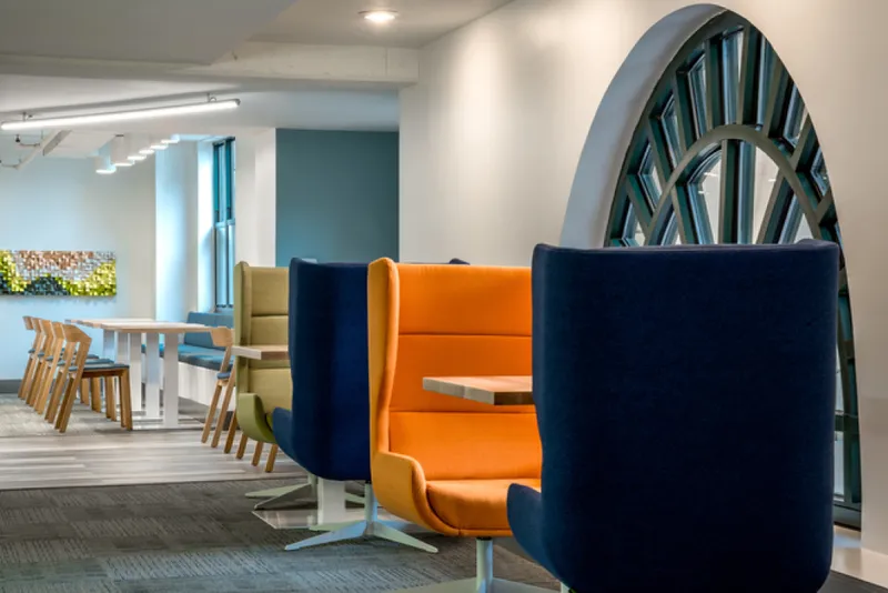 stylish booths in something that resembles a hotel lobby