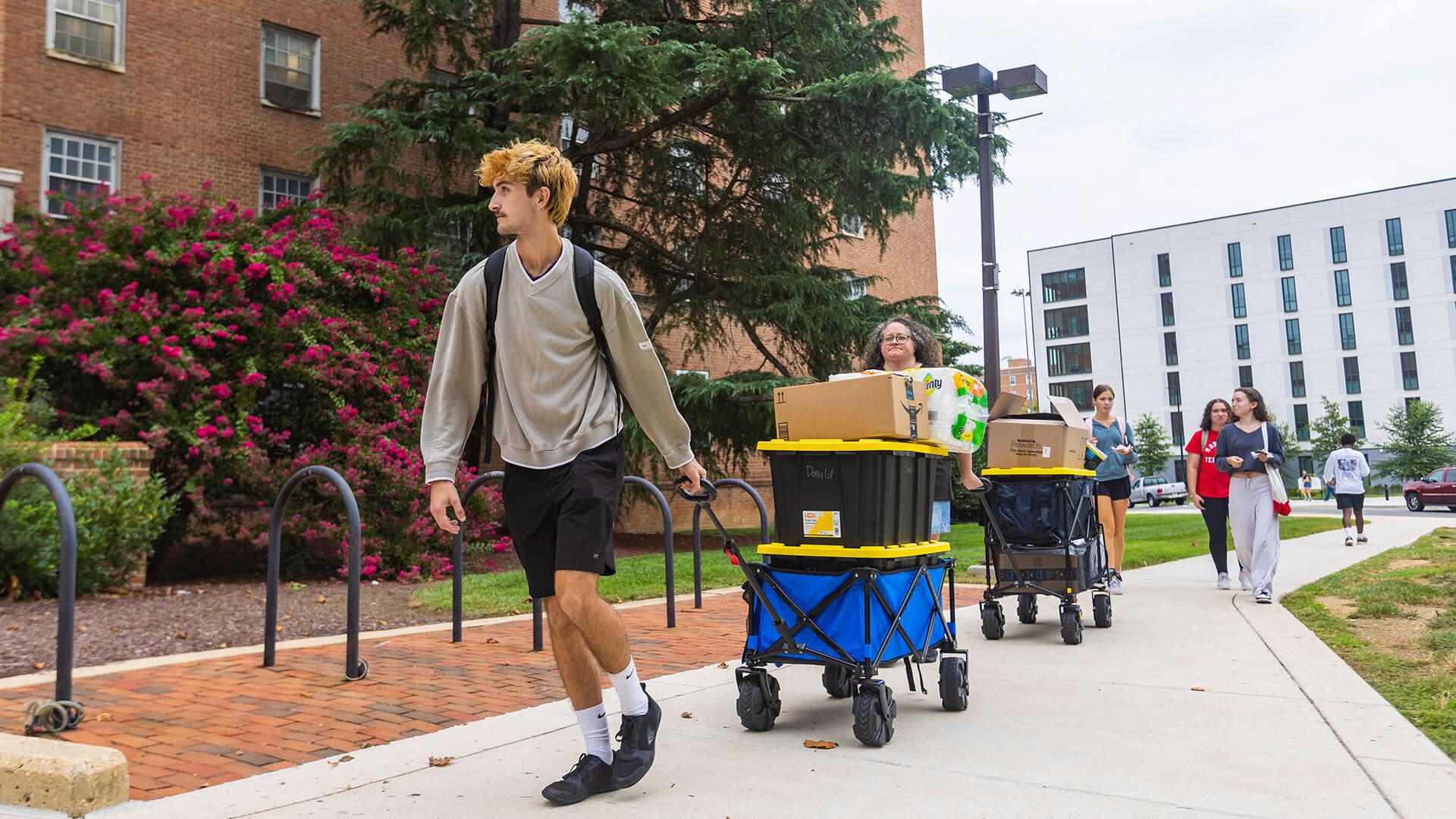 Student in a gray sweatshirt and black shorts pulls move-in boxes behind him on a cart with other people moving in behind him