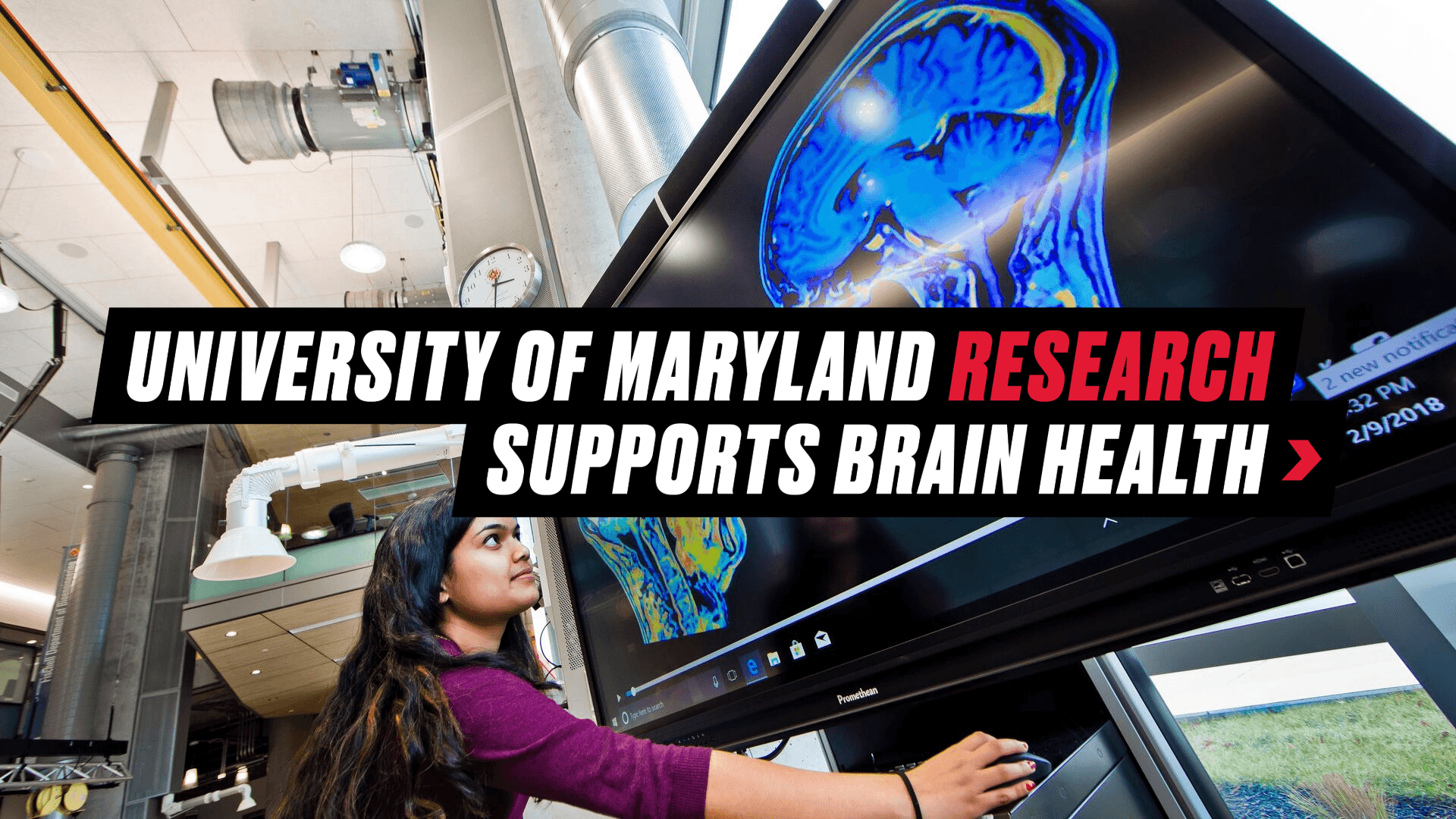 Graphic reading "University of Maryland Research Supports Brain Health" over a background image of a researcher looking at an MRI