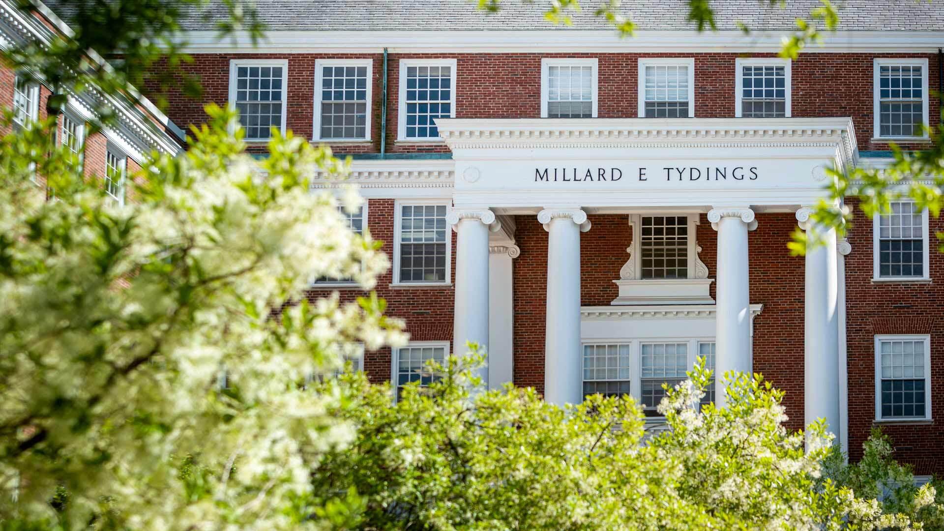 The image shows the front facade of Millard E. Tydings Hall, framed by blooming trees in the foreground.