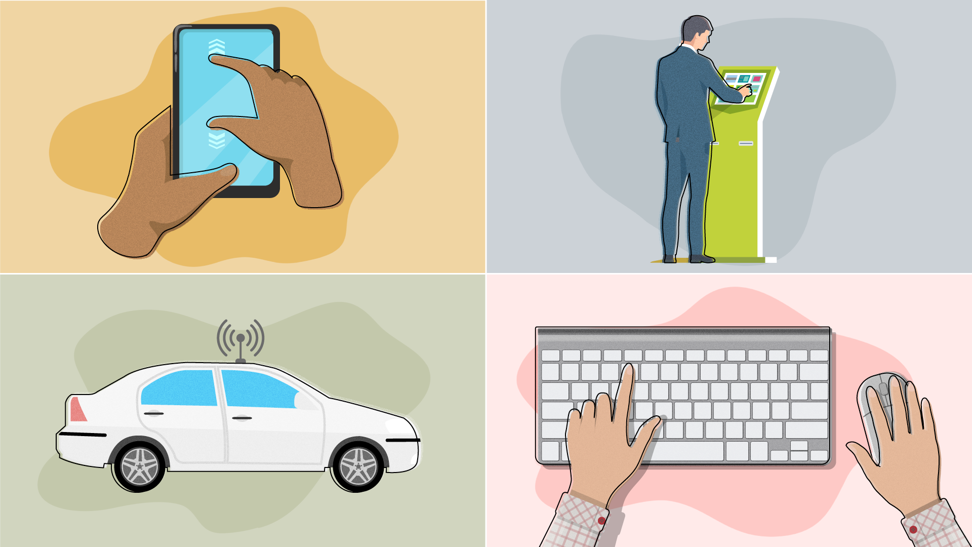 Four illustrations: One of a hand using a smartphone, a man using a kiosk, a self-driving car and hands on a mouse and keyboard