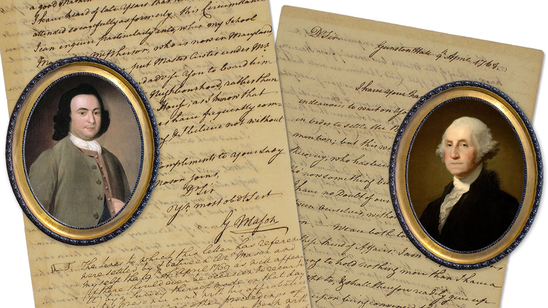 Portraits of George Mason and George Washington over handwritten letters