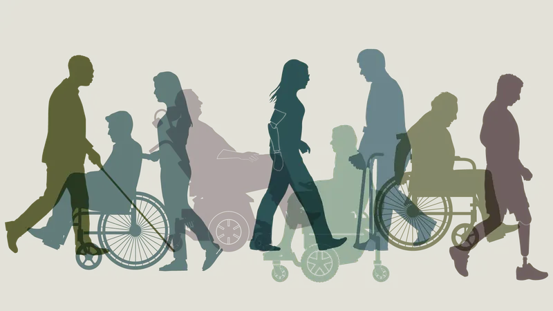 Illustration with silhouettes of people moving while holding canes or other supportive devices, in wheelchairs, or with prosthetic limbs.