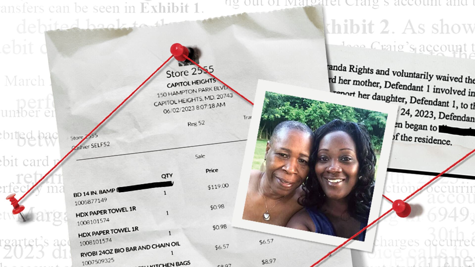 collage of receipt, court documents, photo of two women and red string connected by red pushpins