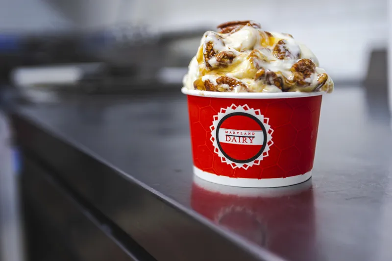 Ice cream with nuts and sauce in a cup that read "Maryland Dairy"