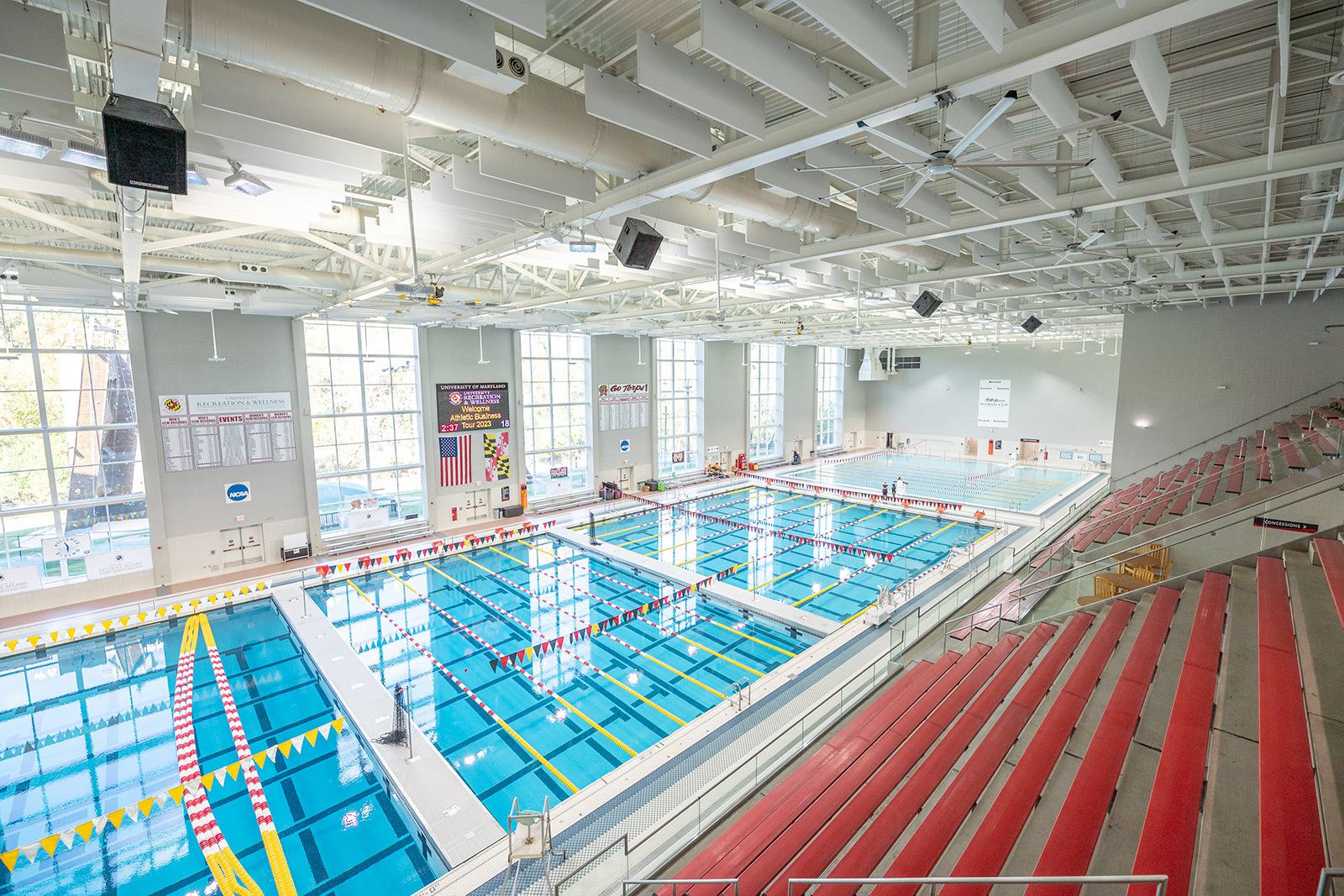 Large pool with stands above