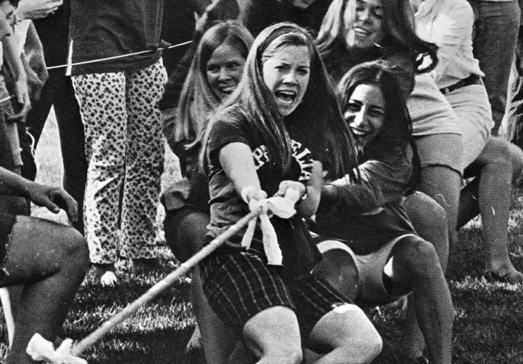 Vintage photo of students playing tug of war
